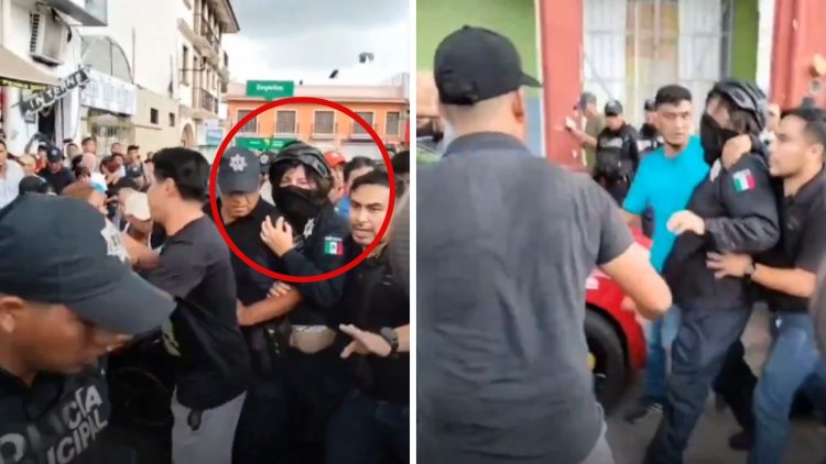 Alcaldesa de San Andrés Tuxtla intenta escapar de manifestantes vestida de policía