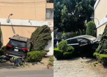 Camioneta de lujo choca contra casa en la Del Valle y deja boquete en muro