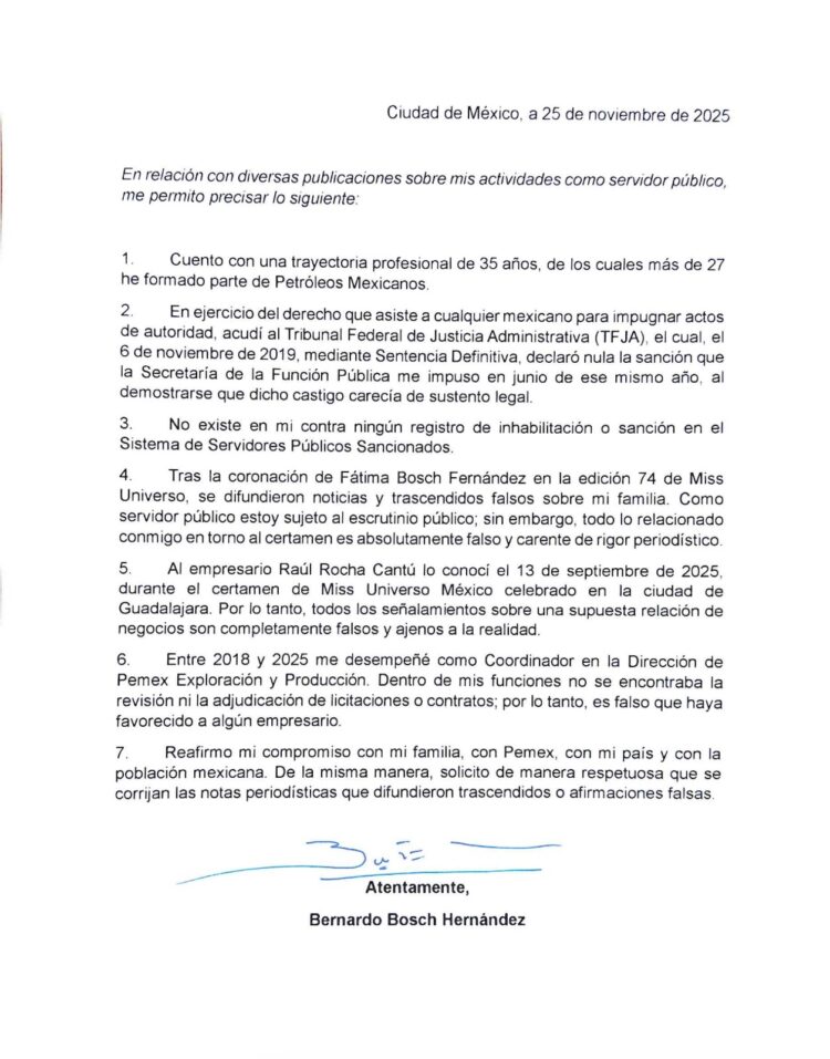 Bernardo Bosch desmiente sanciones y vínculos con empresarios tras polémica por Miss Universo