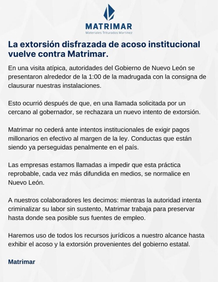 Pedrera Matrimar denuncia “acoso institucional” al gobierno de Nuevo León